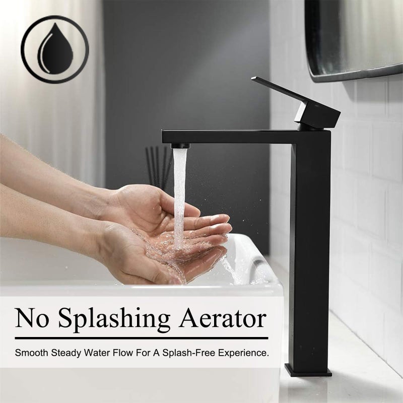 Friho Single Handle Matte Black Tall Bathroom Vessel Sink Faucet, Modern Vanity Basin Mixer Tap Bathroom Sink Faucet with Drain Pop up&Water Hoses, FRDC17914B - Image 5